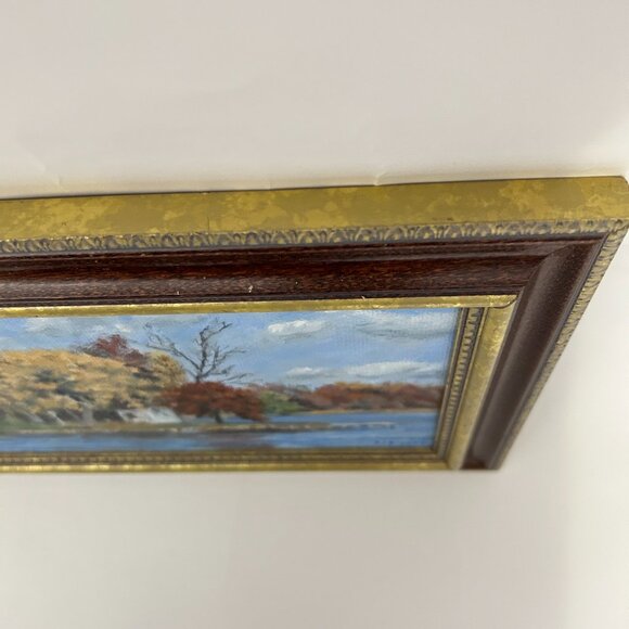 Vintage Framed Landscape Oil Painting Autumn Lake Scene Country Houses Singed - Picture 12 of 13